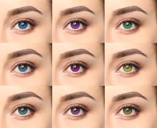 Collage with photos of woman wearing different color contact lenses, closeup