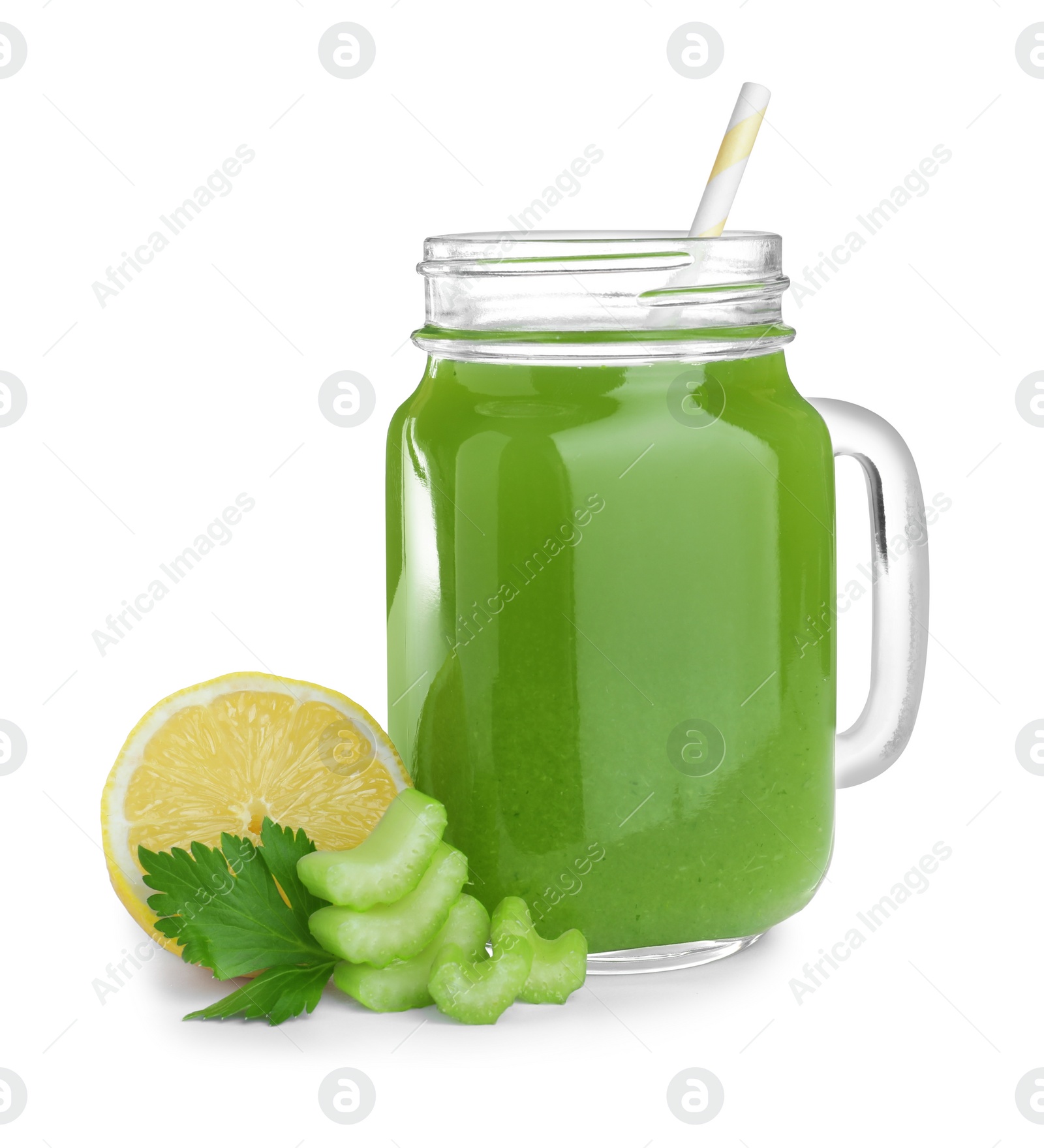 Photo of Celery juice in mason jar and fresh ingredients on white background