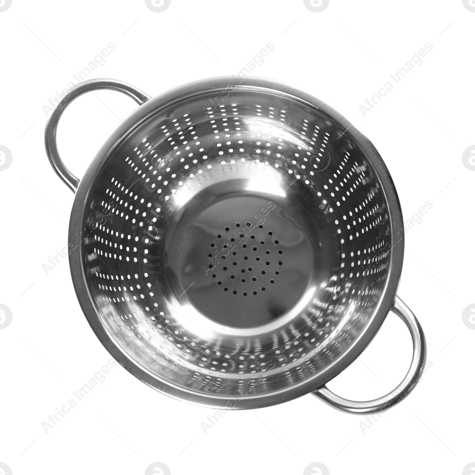 Photo of One metal colander isolated on white, top view