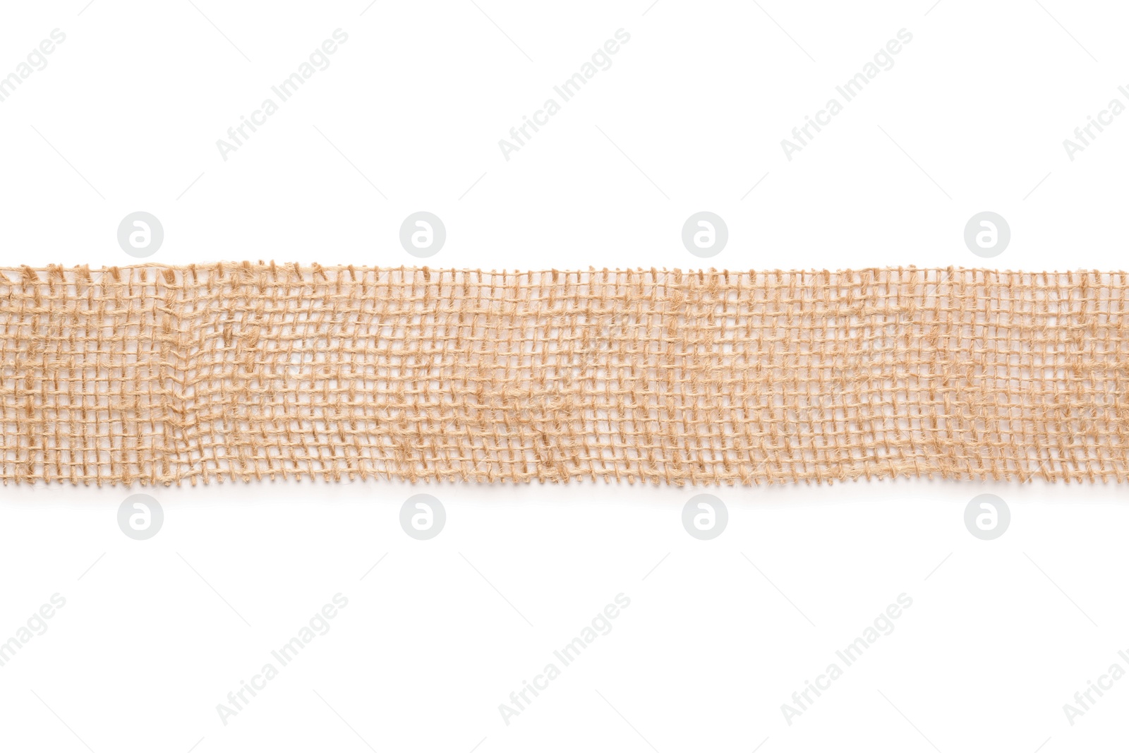 Photo of Wide burlap ribbon on white background, top view