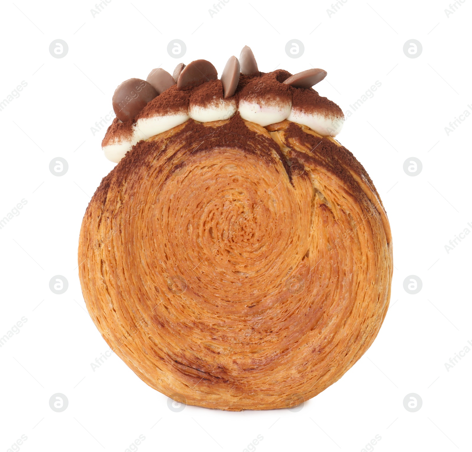 Photo of Round croissant with chocolate chips and cream isolated on white. Tasty puff pastry