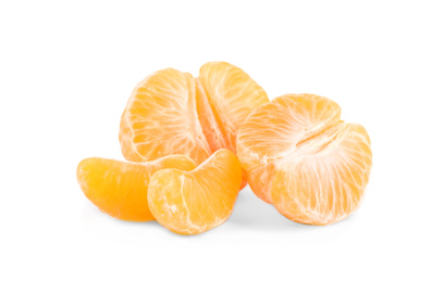 Fresh juicy peeled tangerines isolated on white