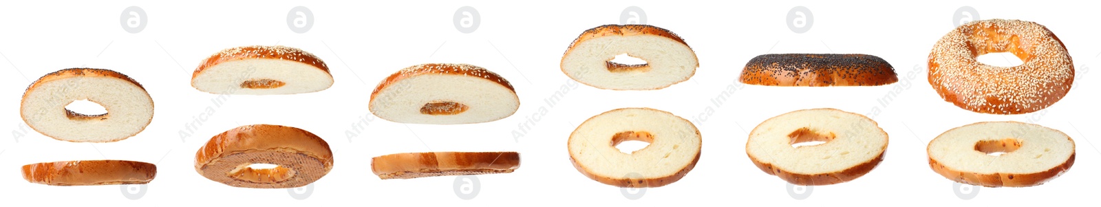 Image of Set with tasty fresh bagels on white background. Banner design