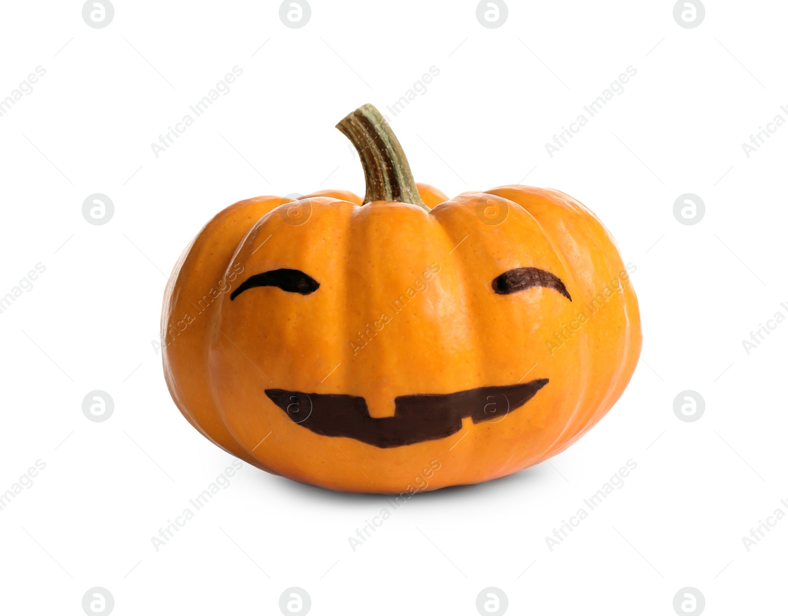 Photo of Halloween pumpkin with cute drawn face isolated on white