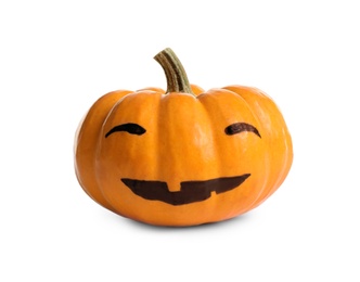 Photo of Halloween pumpkin with cute drawn face isolated on white