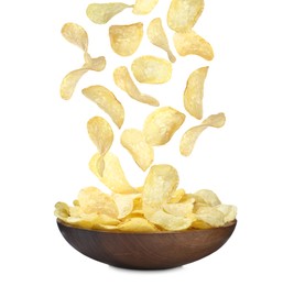 Image of Fried crispy potato chips falling into bowl on white background