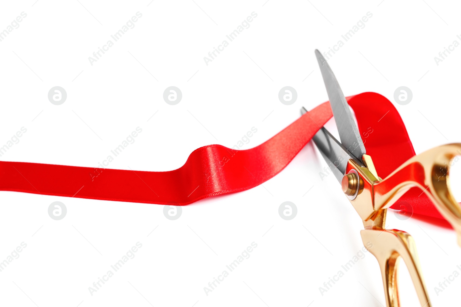 Photo of Ribbon and scissors on white background. Ceremonial red tape cutting