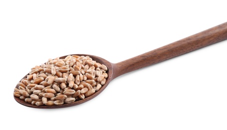 Wooden spoon with wheat grains isolated on white