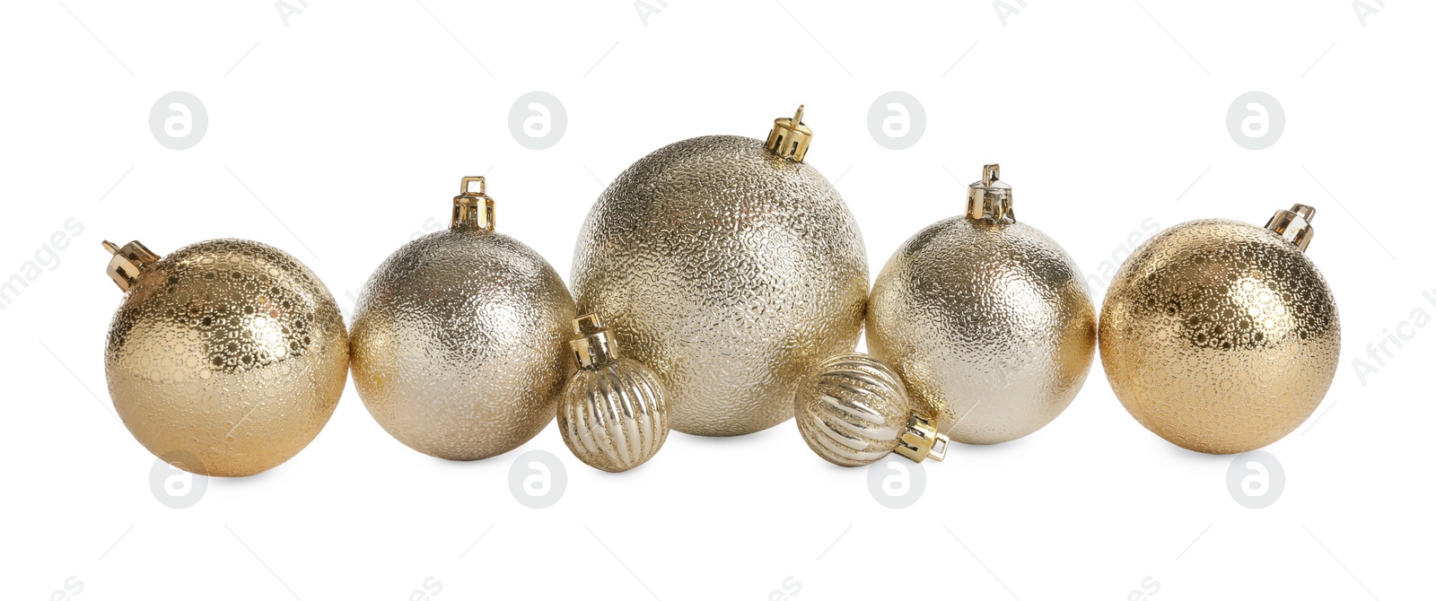 Photo of Set of beautiful shiny Christmas balls on white background