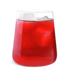 Photo of Tasty cranberry juice with ice cubes in glass isolated on white