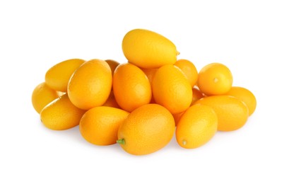 Photo of Fresh ripe kumquats on white background. Exotic fruit