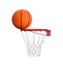 Basketball ball on rim of hoop with net against white background