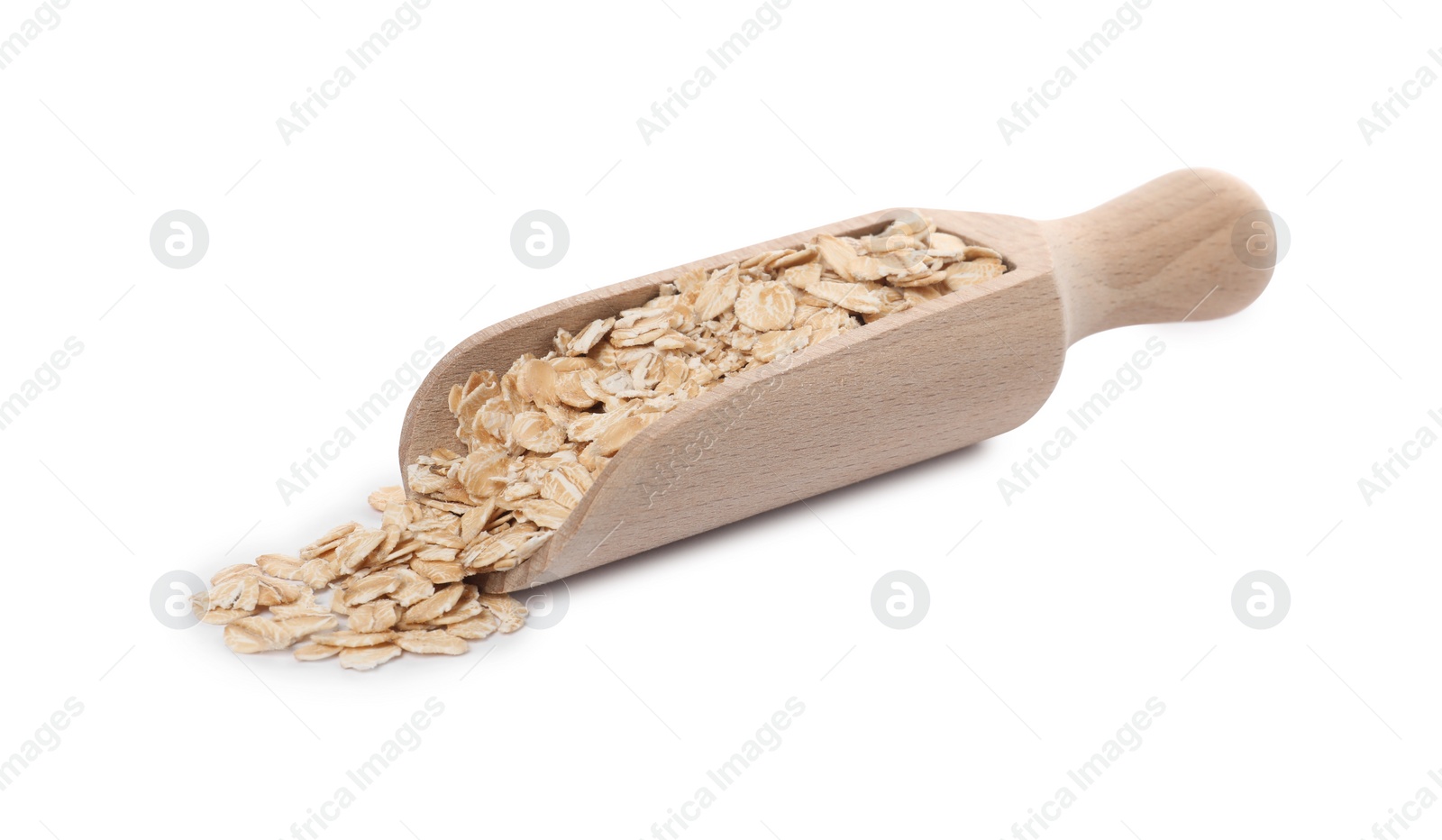 Photo of Wooden scoop of oatmeal isolated on white