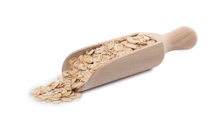 Photo of Wooden scoop of oatmeal isolated on white