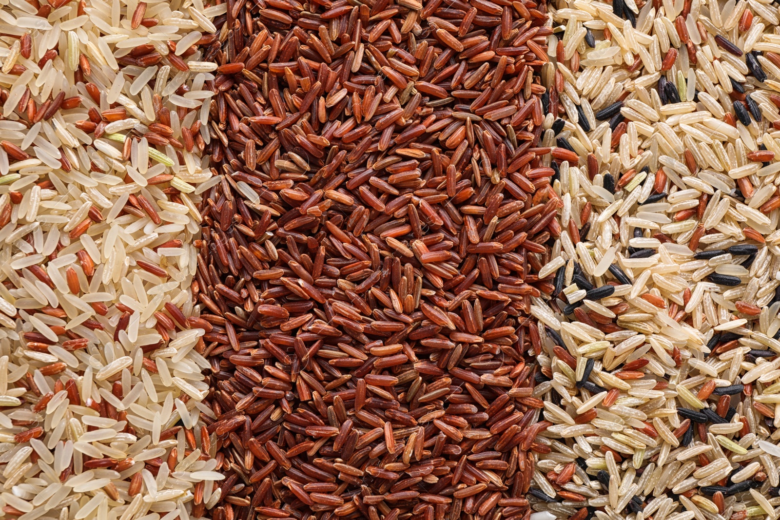 Photo of Different types of brown rice as background, top view