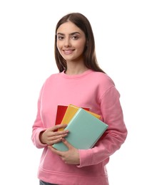 Photo of Teenage student holding books on white background