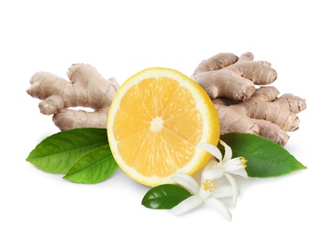 Image of Fresh ginger root and lemon on white background