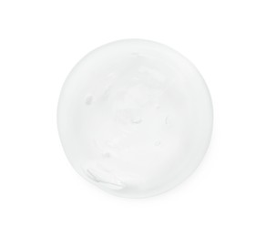 Drop of clear cosmetic gel isolated on white, top view