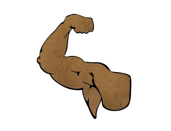 Muscular man showing biceps on white background, closeup. Silhouette of hand made with amino acids powder