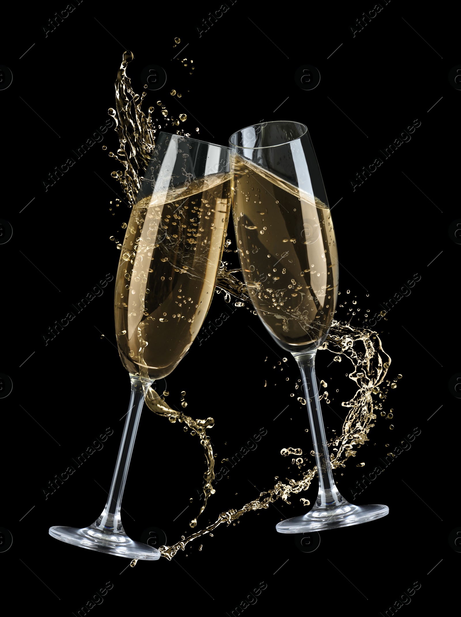 Image of Glasses with sparkling wine and splashes on black background