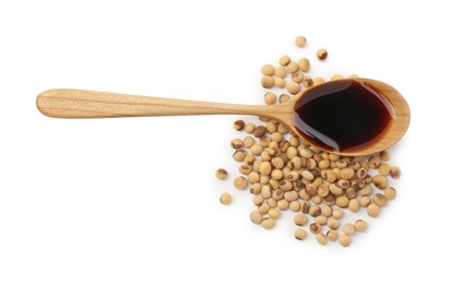 Tasty soy sauce in spoon and soybeans isolated on white, top view