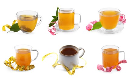 Set with cups of cup of weight loss herbal tea on white background