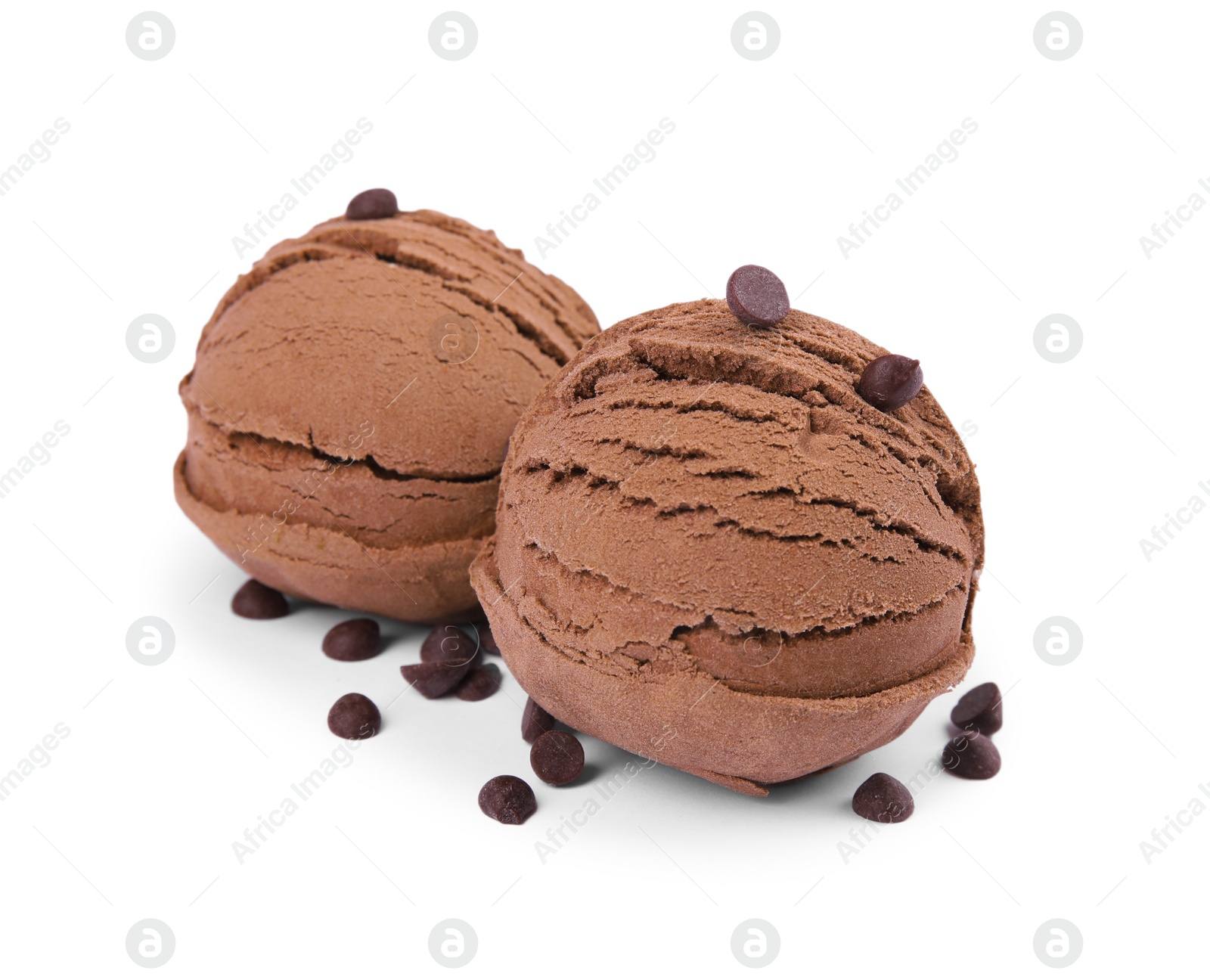 Photo of Scoops of ice cream and chocolate chips isolated on white