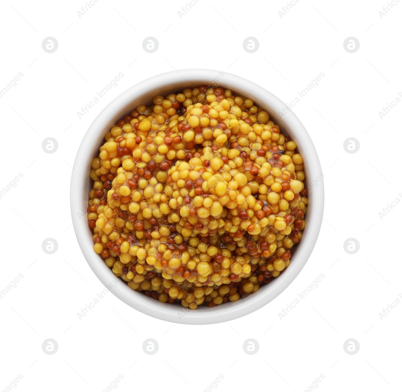 Photo of Fresh whole grain mustard in bowl isolated on white