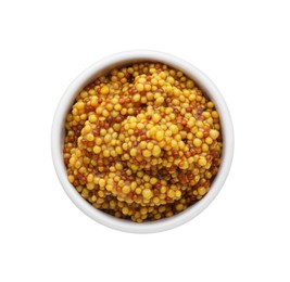 Fresh whole grain mustard in bowl isolated on white