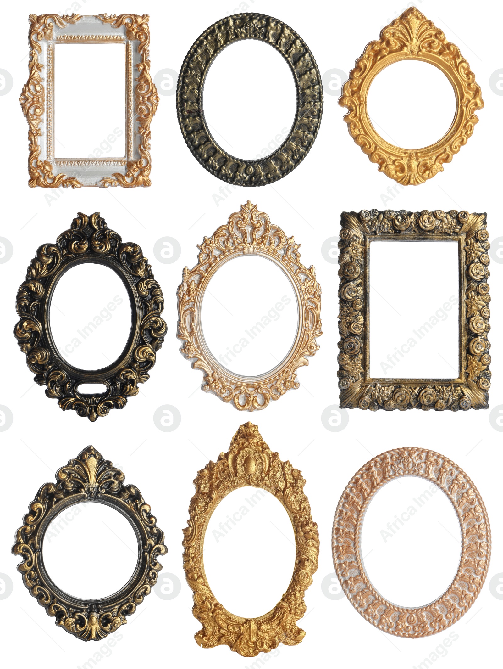 Image of Set of different vintage frames on white background