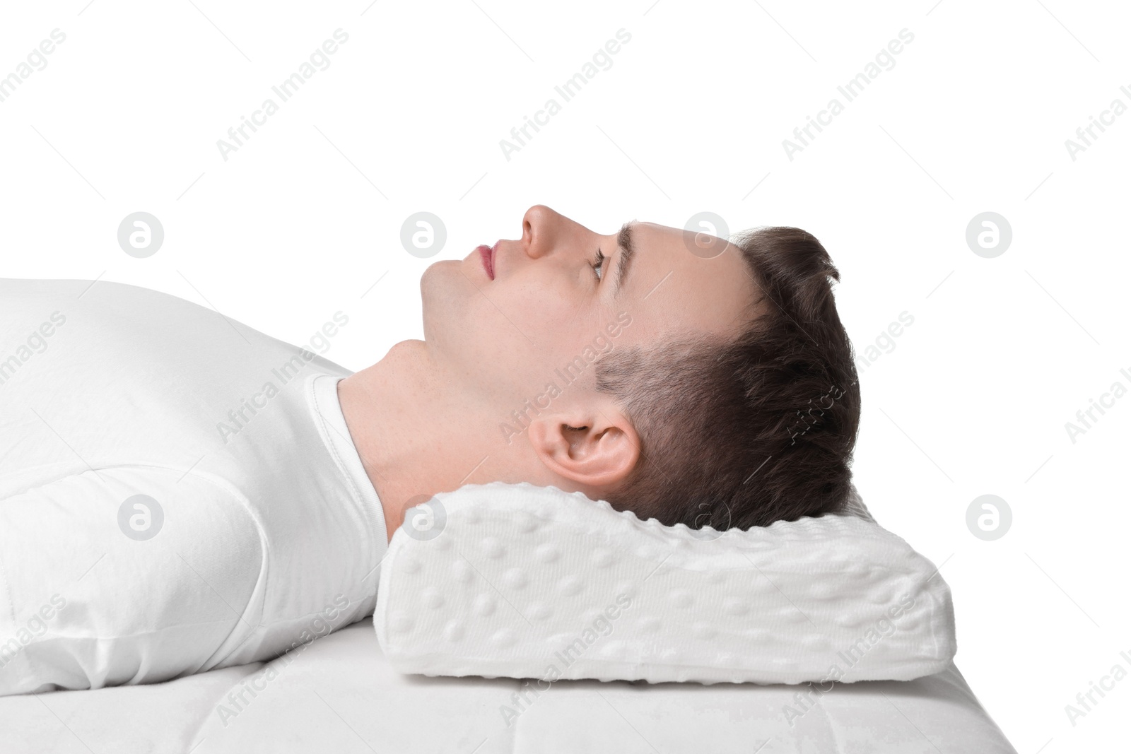 Photo of Man sleeping on orthopedic pillow against white background