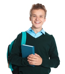 Happy boy in school uniform on white background