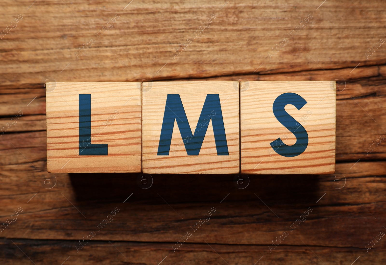 Image of Learning management system. Cubes with abbreviation LMS on wooden background, top view