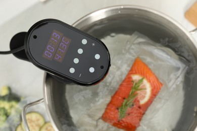 Photo of Sous vide cooker and vacuum packed salmon in pot on white table, closeup. Thermal immersion circulator