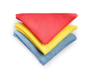 Colorful car wash cloths on white background, top view
