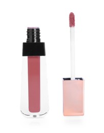 Lip gloss and applicator isolated on white. Cosmetic product