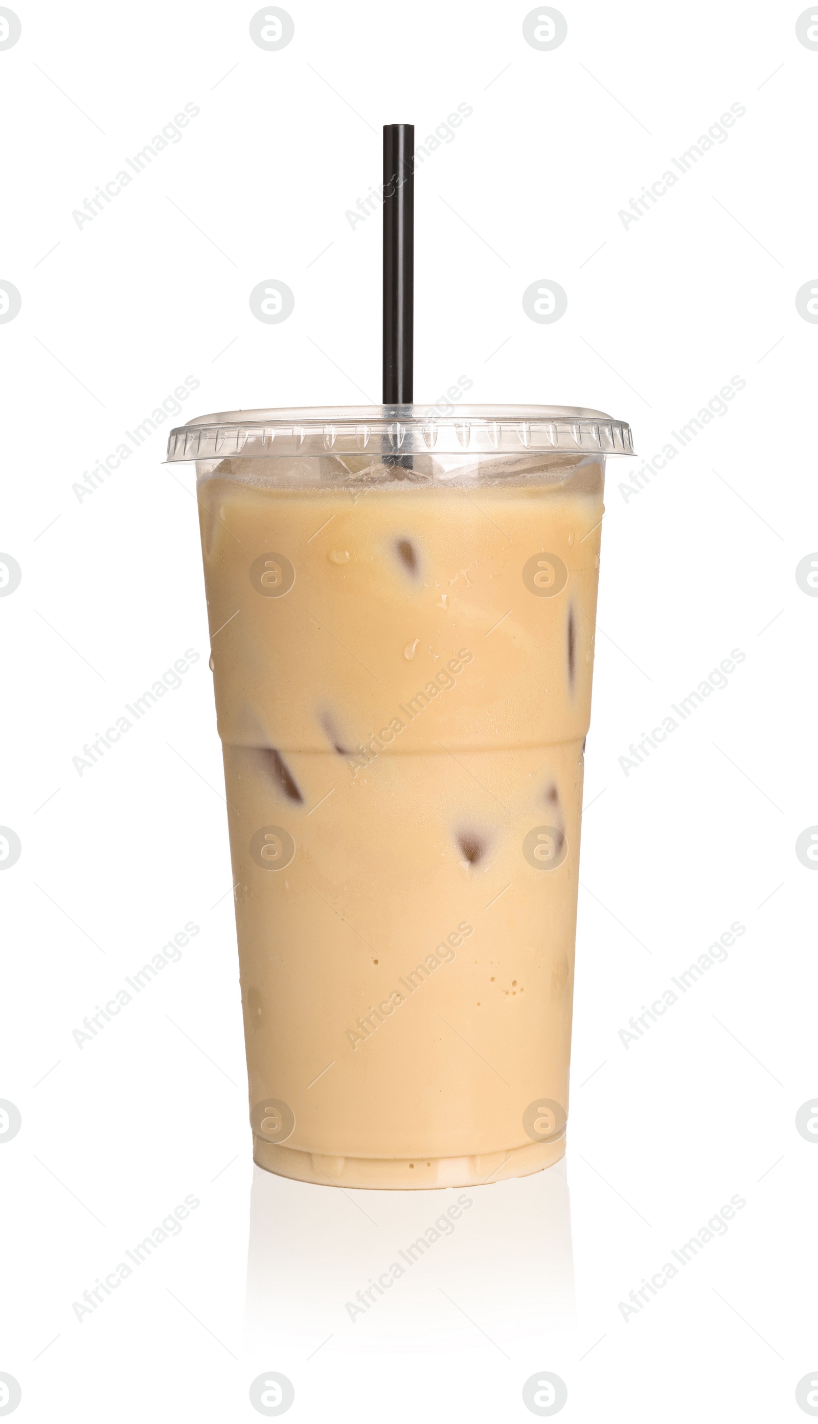 Photo of Takeaway plastic cup with cold coffee drink and straw on white background