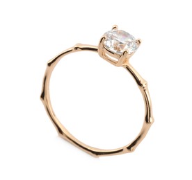Photo of Beautiful engagement ring with gemstone isolated on white