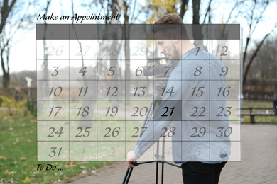 Image of Double exposure of calendar and video operator with camera working outdoors. Personal schedule