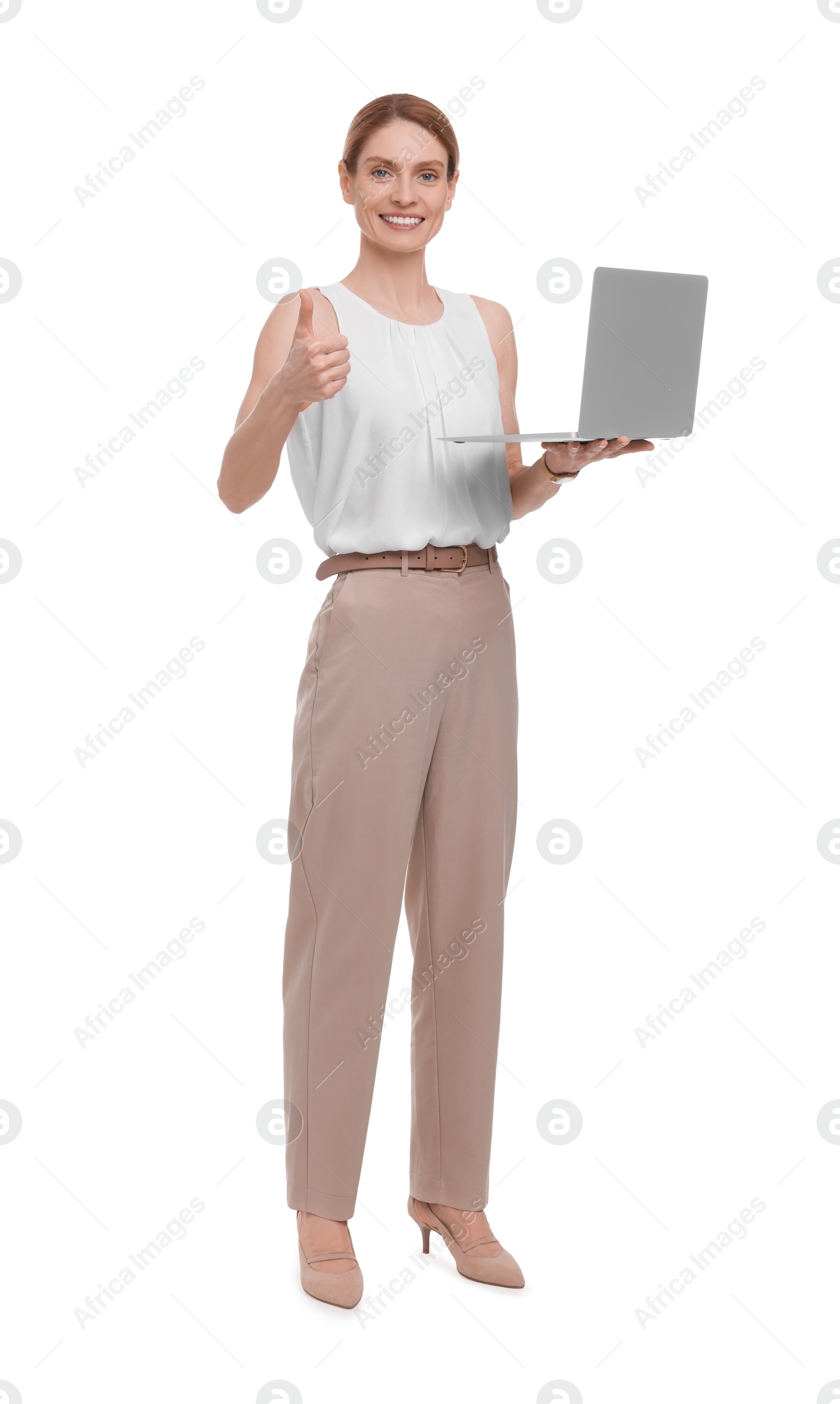 Photo of Beautiful happy businesswoman with laptop showing thumb up on white background