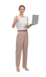 Photo of Beautiful happy businesswoman with laptop showing thumb up on white background