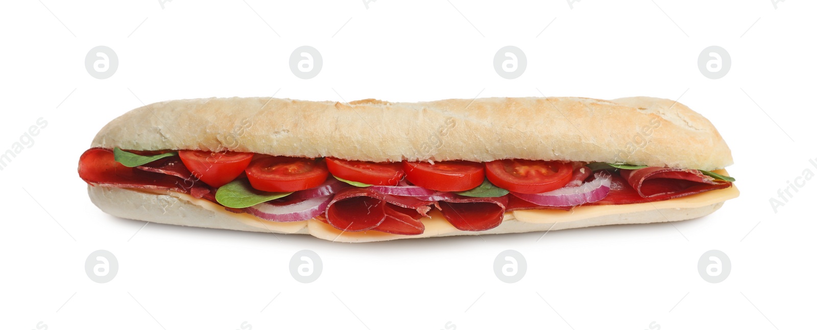 Photo of Delicious sandwich with bresaola, tomato and onion isolated on white