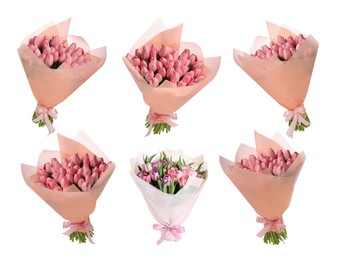 Image of Beautiful bouquets of tulip flowers isolated on white, set