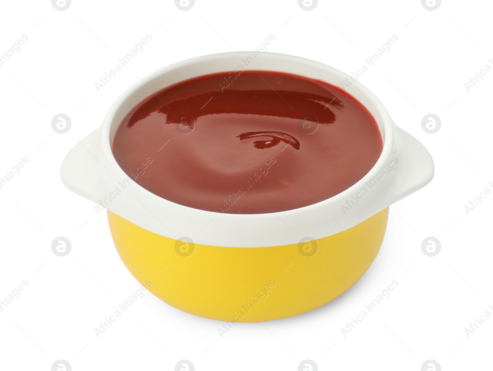 Photo of Bowl of tasty pureed baby food isolated on white