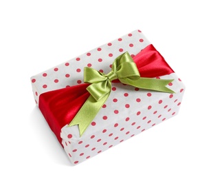 Photo of Beautifully wrapped gift box on white background