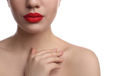 Closeup view of woman with beautiful full lips on white background