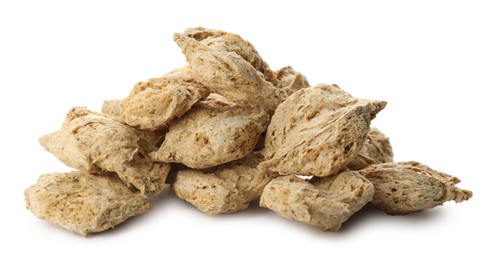 Dehydrated soy meat chunks on white background