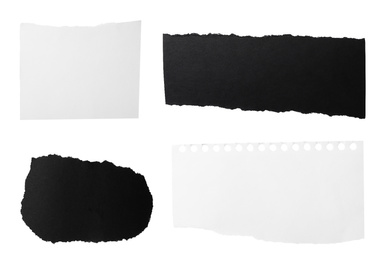 Image of Set of different ripped notebook papers on white background