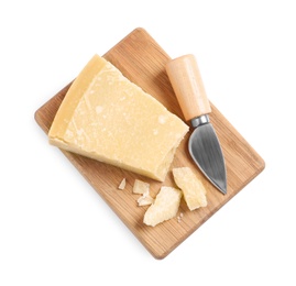 Photo of Parmesan cheese with knife and wooden board on white background, top view