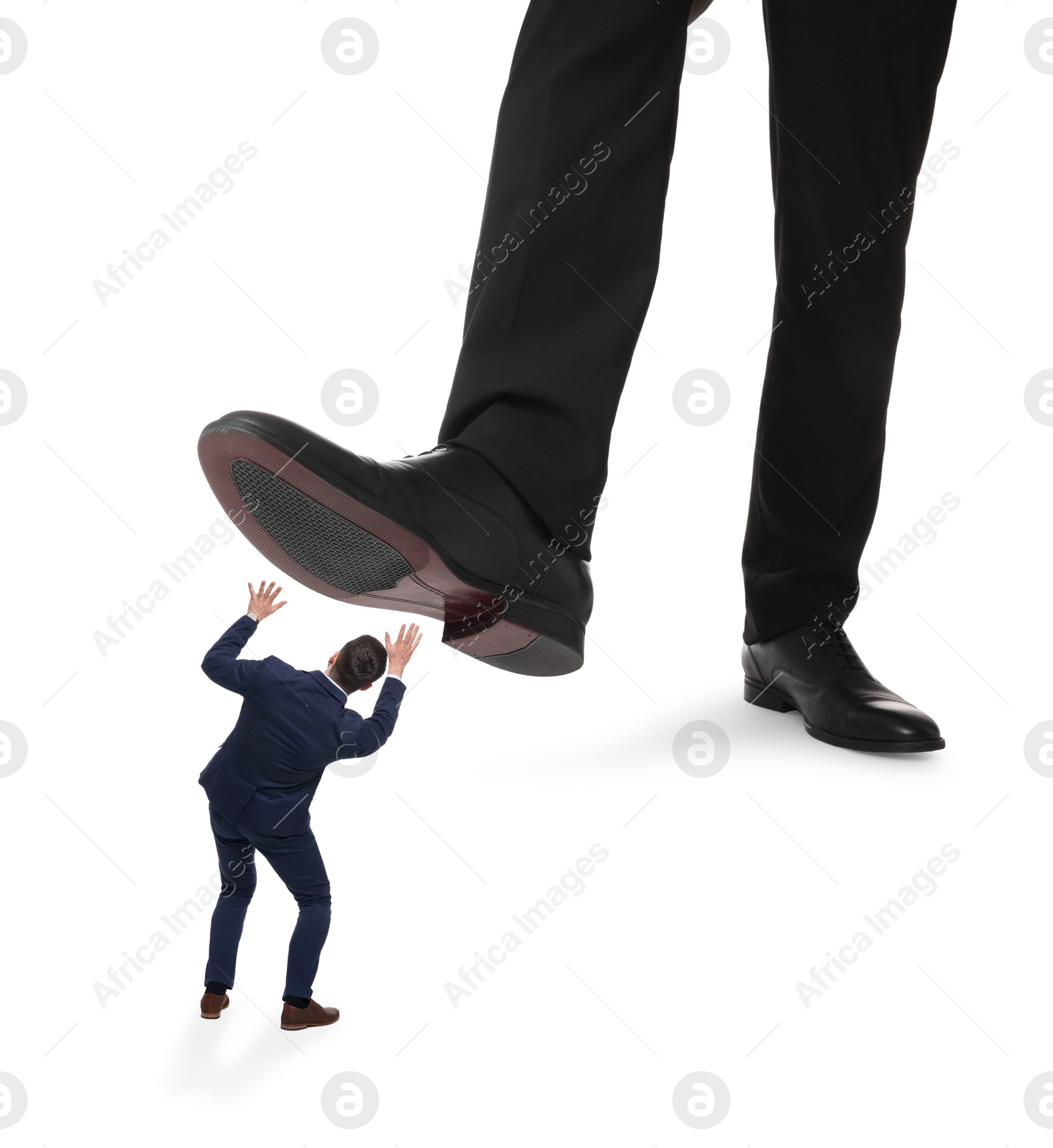 Image of Giant stepping onto small man on white background